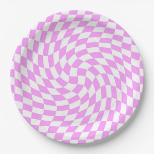 Warped Checkered Pattern Pink and White Fashion Paper Plates