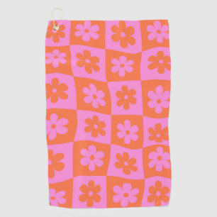 Warped Checkered Retro Flowers Pink Orange Golf Towel