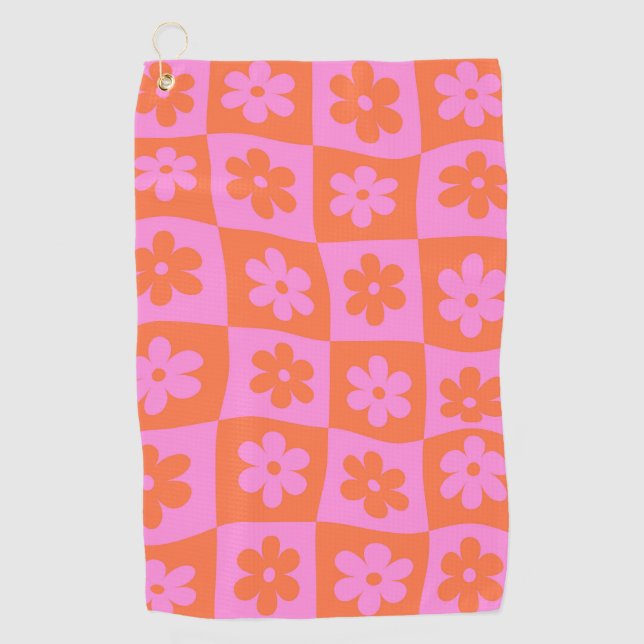 Warped Checkered Retro Flowers Pink Orange  Golf Towel (Front)