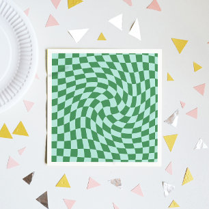 Warped Green Blue Checkered Checkerboard Retro Napkins
