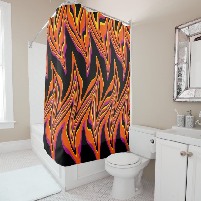 Warped in Black, Pink, Orange and Yellow  Shower Curtain (In Situ)