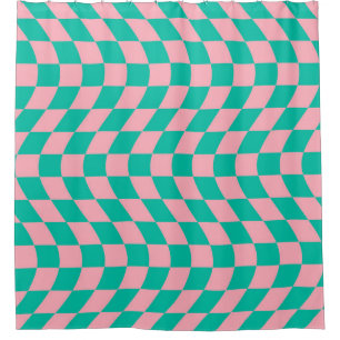 Warped Retro Checkerboard Pink Green Checkered Shower Curtain