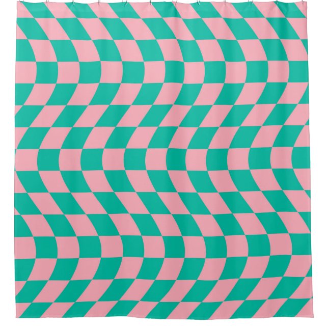 Warped Retro Checkerboard Pink Green Checkered Shower Curtain (Front)