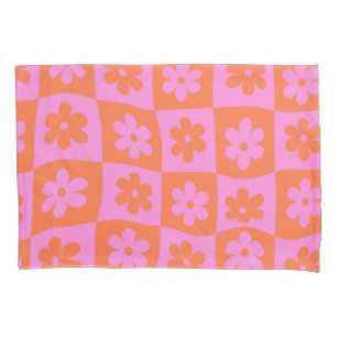 Warped Retro Pink orange Flowers on Checkerboards  Pillow Case