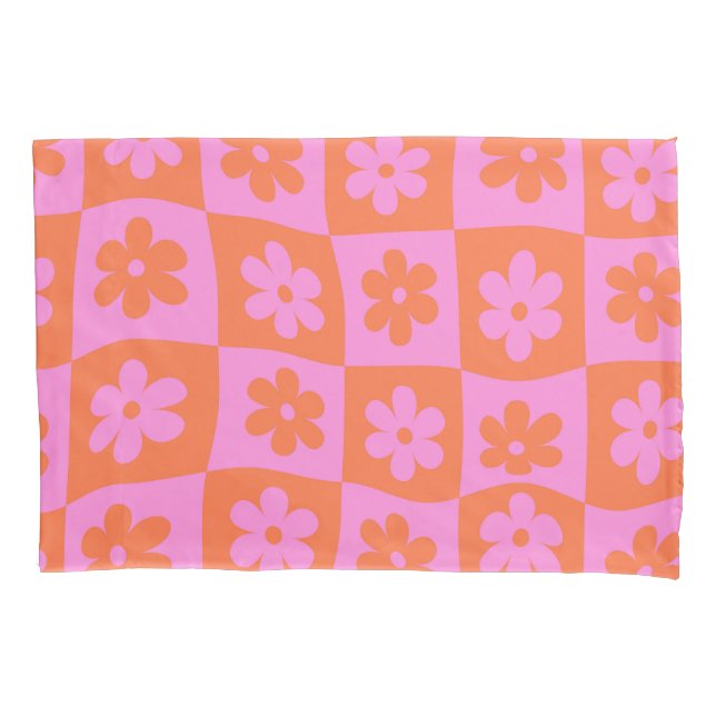 Warped Retro Pink orange Flowers on Checkerboards  Pillow Case (Front)