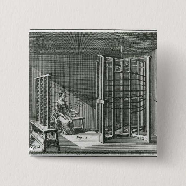 Warping silk threads, illustration Encylopedia Pinback Button (Front)