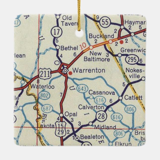 Warrenton VA Vintage Map Ceramic Ornament (Back)