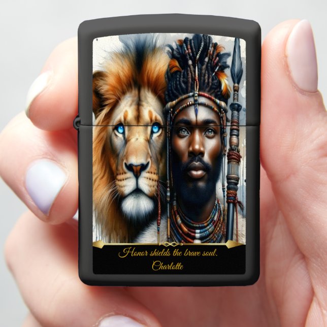 Warrior and lion unite in strength.  zippo lighter (In Hand)