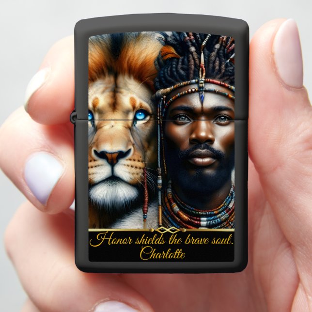 Warrior and lion unite in strength.  zippo lighter (In Hand)