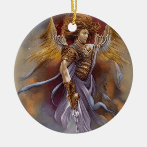 Warrior Angel Of Protection In Watercolor Lavender Ceramic Ornament