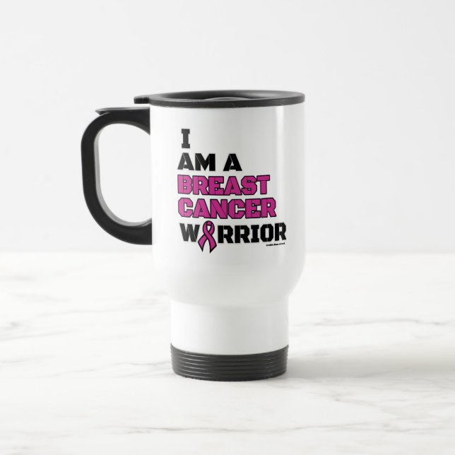 Warrior/Block/I am...Breast Cancer Travel Mug (Left)
