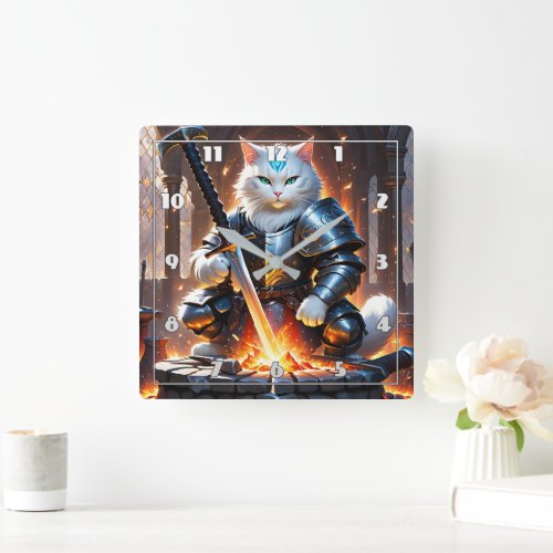 Warrior Cat in Armor Forging a Sword at Dawn Square Wall Clock