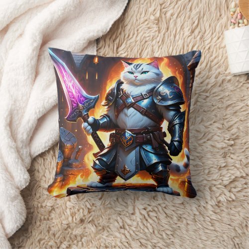 Warrior Cat in Armor With Glowing Sword Throw Pillow