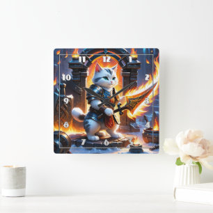 Warrior Cat in Flame-Illuminated Fortress Square Wall Clock