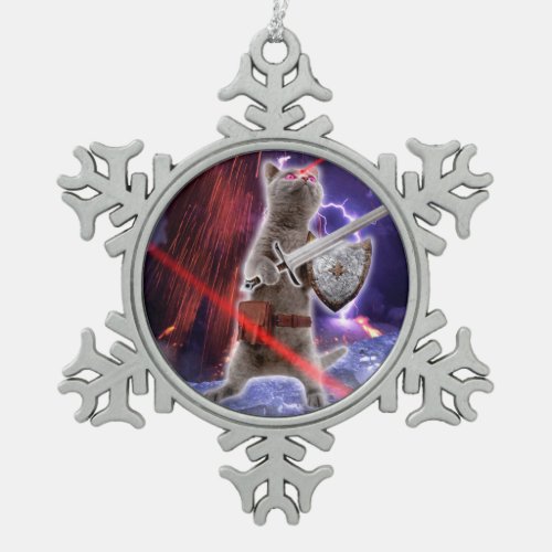 Warrior cat with lasers from eye snowflake pewter christmas ornament
