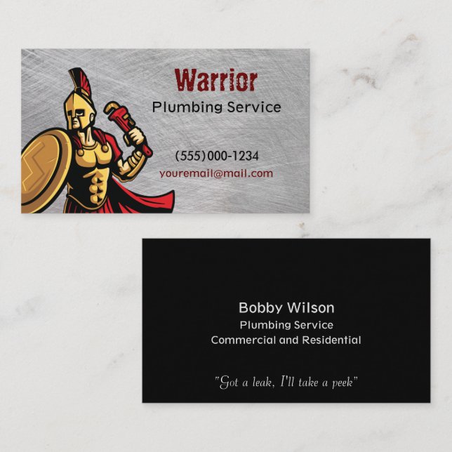 Warrior Contractor Plumbing Service Chrome Design Business Card (Front/Back)
