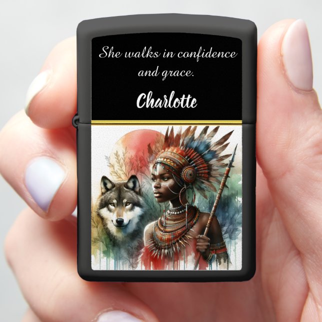 Warrior goddess with her wolf companion zippo lighter (In Hand)