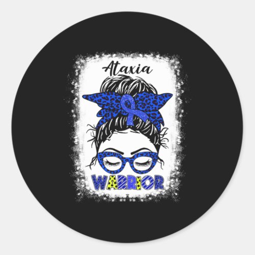 Warrior Messy Bun Blue Ribbon Women Ataxia Awarene Classic Round Sticker