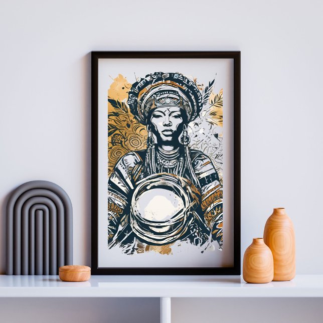 Warrior Muse – Bold Tribal Queen with Drum Poster (Creator Uploaded)