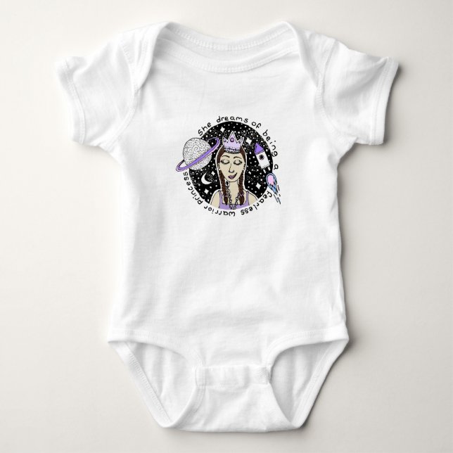 Warrior Princess Doodle Astronaut Feminism & Name Baby Bodysuit (Front)
