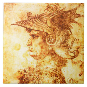 WARRIOR PROFILE IN DRAGON HELMET Sepia Drawing Ceramic Tile