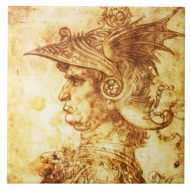 WARRIOR PROFILE IN DRAGON HELMET Sepia Drawing Ceramic Tile (Front)