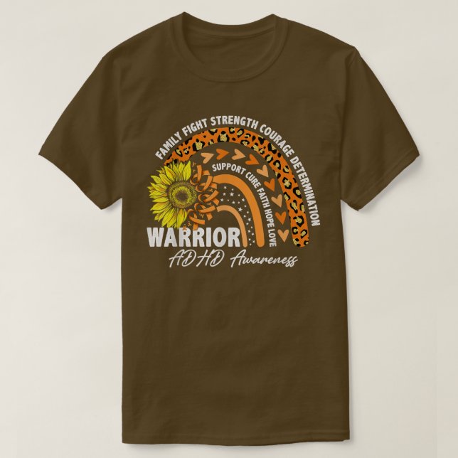 Warrior Rainbow Orange Ribbon ADHD Awareness  T-Shirt (Design Front)