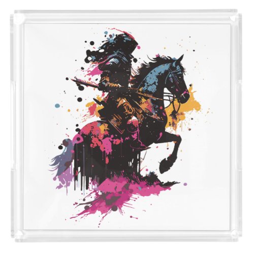 Warrior riding horse in watercolor       acrylic tray
