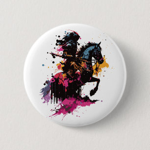 Warrior riding horse in watercolor button