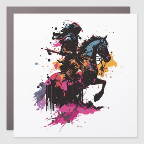 Warrior riding horse in watercolor         car magnet
