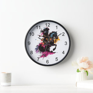 Warrior riding horse in watercolor clock