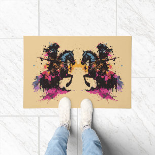 Warrior riding horse in watercolor     doormat