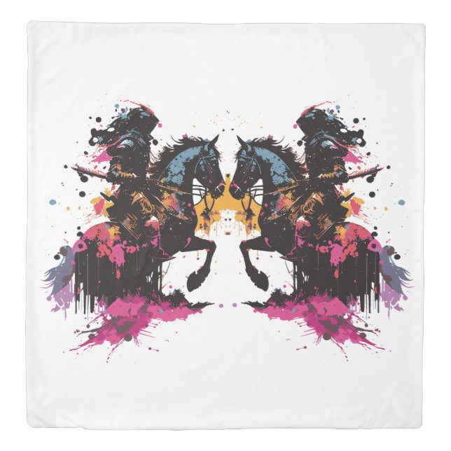 Warrior riding horse in watercolor      duvet cover (Front)