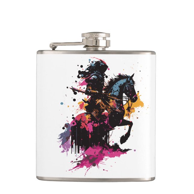 Warrior riding horse in watercolor    flask (Front)