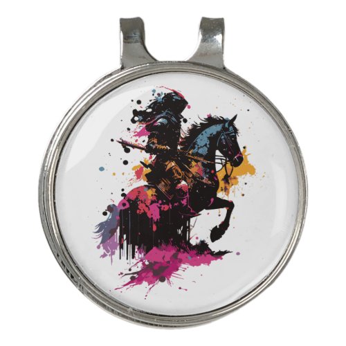 Warrior riding horse in watercolor      golf hat clip