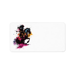 Warrior riding horse in watercolor     label