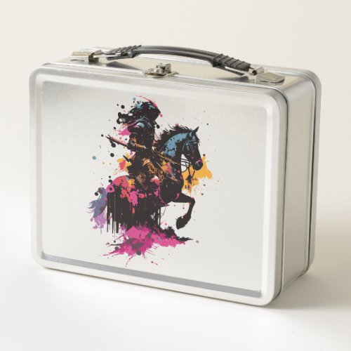 Warrior riding horse in watercolor     metal lunch box