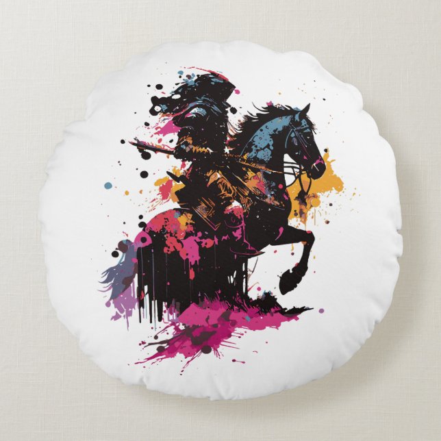 Warrior riding horse in watercolor          round  pillow (Front)