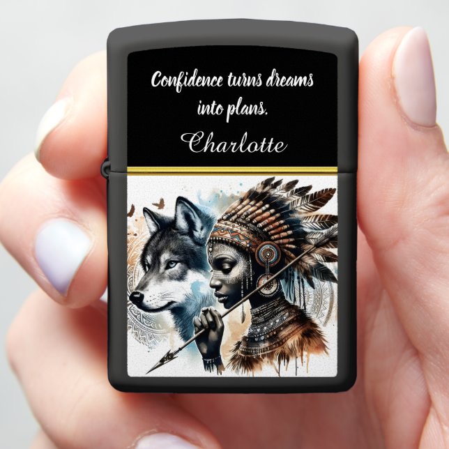 Warrior spirit unites wolf and indigenous woman zippo lighter (In Hand)