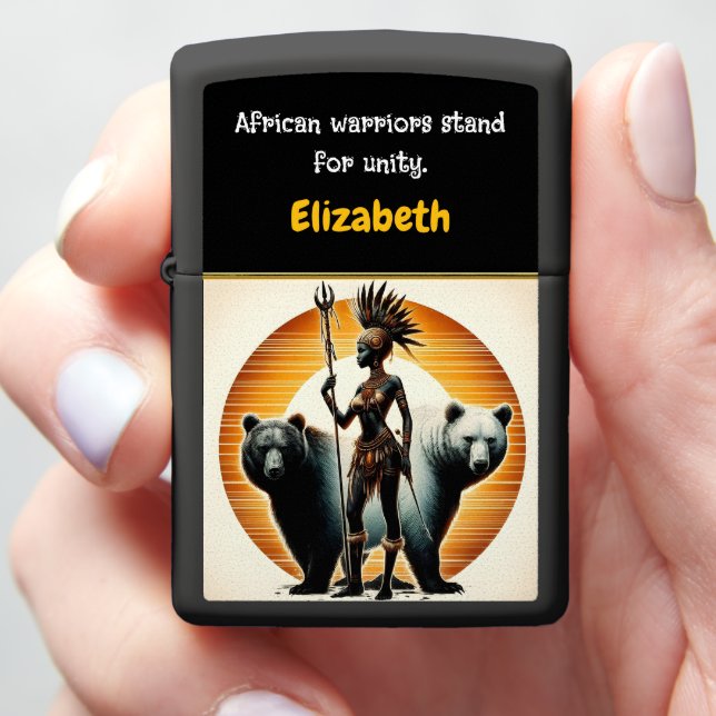 Warrior stands with bears in vibrant land zippo lighter (In Hand)