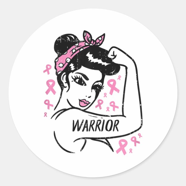 Warrior Unbreakable Pink Ribbon Breast Cancer Awar Classic Round Sticker (Front)