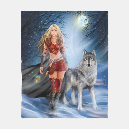 Warrior Woman and Wolf Fleece Blanket
