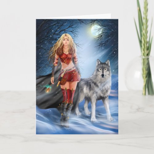 Warrior Woman and Wolf Greeting Card
