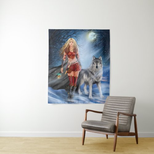 Warrior Woman and Wolf Medium Wall Tapestry