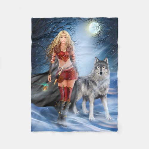Warrior Woman and Wolf Small Fleece Blanket