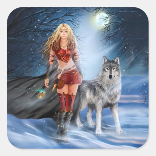 Warrior Woman and Wolf Square Stickers