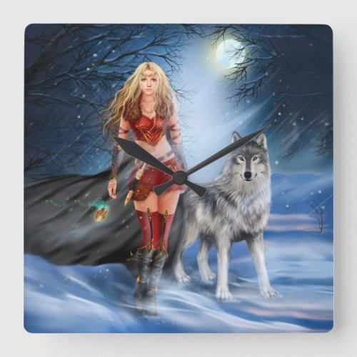 Warrior Woman and Wolf Wall Clock