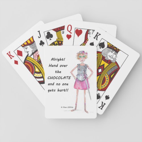 Warrior Woman Cartoon demands chocolate Playing Cards