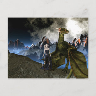 Warrior Woman with Dragon Mountain Landscape Postcard