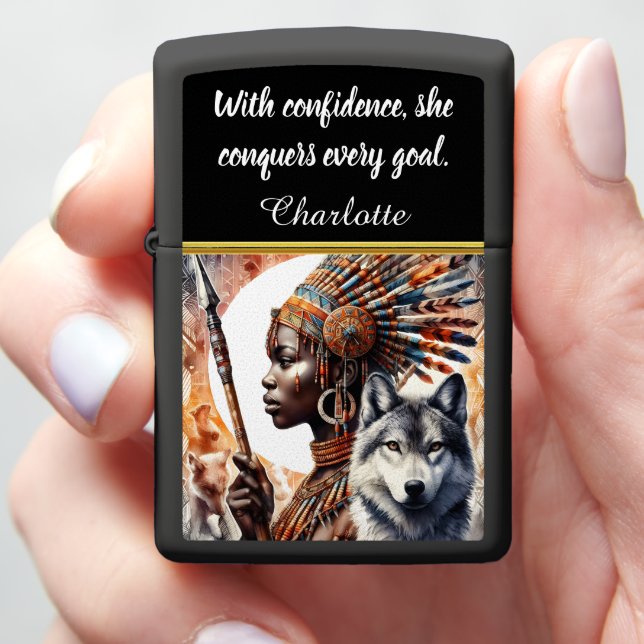 Warrior woman with spirit wolf at dusk zippo lighter (In Hand)